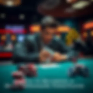 Poker player at a table A determined poker player sitting at a table, focused on the cards in hand and strategy for winning, with chips stacked beside them.