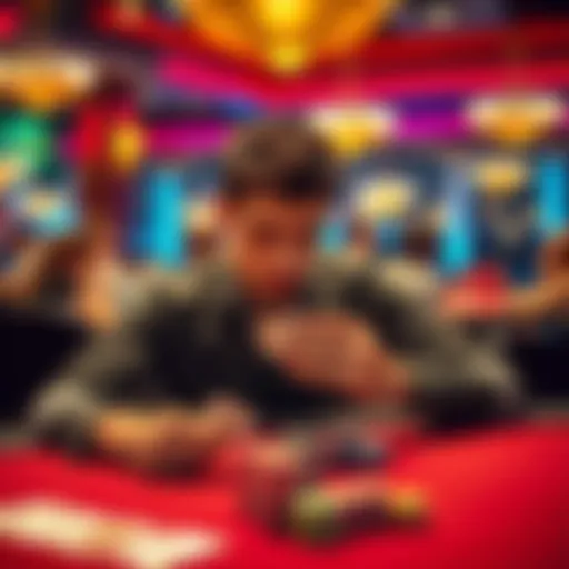 A focused poker player looking at their cards while seated at a game table, with chips in front and other players in the background, illustrating signs of average skills in poker.