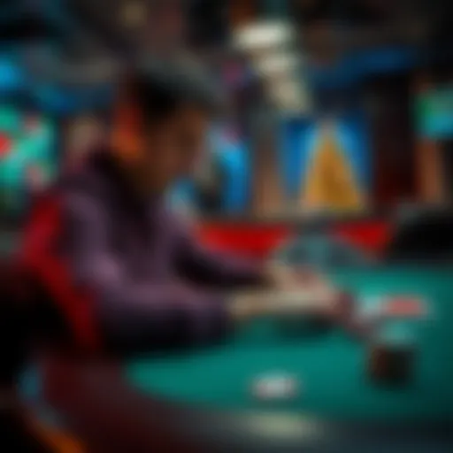 A focused player at a poker table analyzing cards and chips, representing the journey to succeed in 25nl poker stakes.