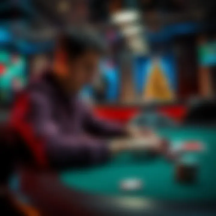 A focused player at a poker table analyzing cards and chips, representing the journey to succeed in 25nl poker stakes.
