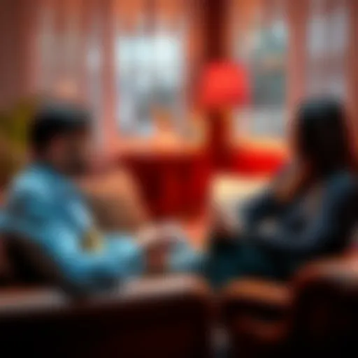 A poker player shares feelings in a therapy session, sitting on a couch with a therapist, discussing emotional challenges from the game.