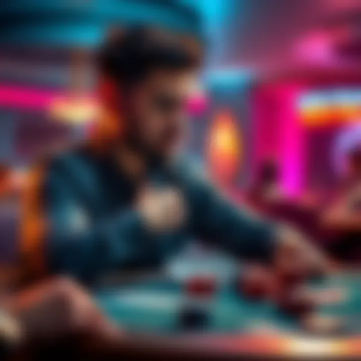 A poker player sitting at a table, looking thoughtfully at a hand of cards, with chips and other players in the background