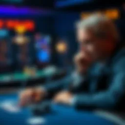 A poker player contemplating a decision at the table with cards and chips in front of them.