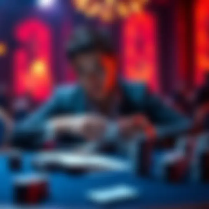 Poker Player Thinking A focused poker player reviewing their cards at a table, contemplating their next move.