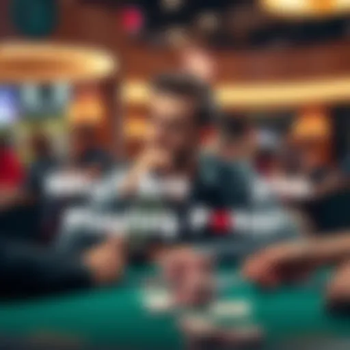 A person sitting at a poker table, looking thoughtful while holding cards in their hand, surrounded by chips and a focused atmosphere.