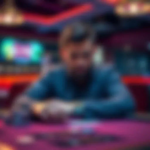 A contemplative poker player sitting at a table with cards and chips, showing signs of frustration and reflection after a tough game.