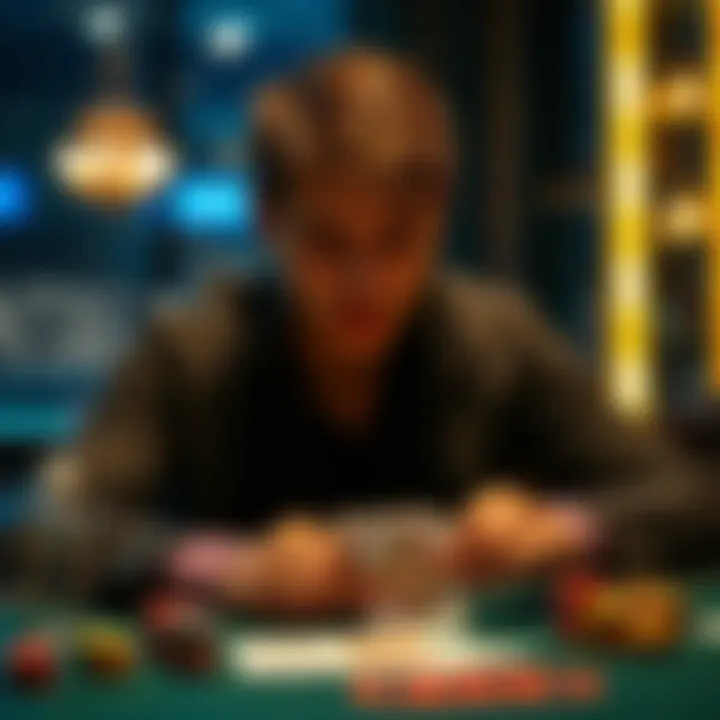 A focused poker player analyzing cards at a table, showcasing a tight playing style.