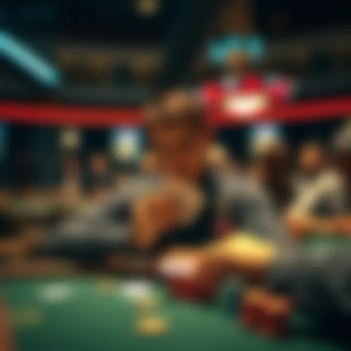 A poker player in a serious focus holding cards at a tournament table with spectators looking on in anticipation.