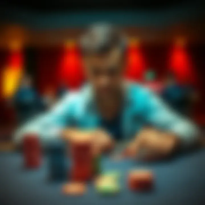 A focused poker player at a table, making strategic bets with chips stacked in front of them.
