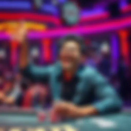 A novice poker player joyfully celebrating after winning a high roller seat at WSOP, with poker chips and cards in hand