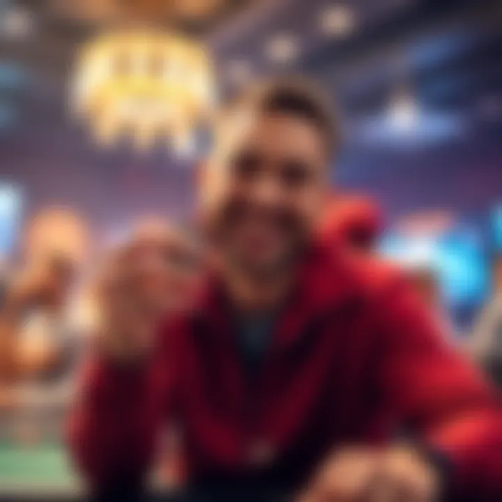 A poker player with a big smile, holding up chips proudly after winning a tournament