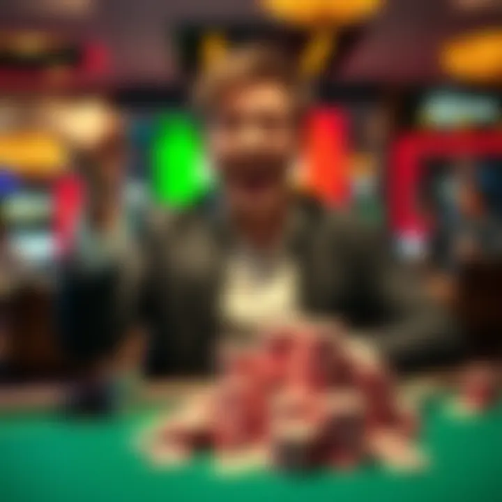 A poker player celebrating a big win at the table with chips stacked high, showing the excitement of turning $300 into $1700.