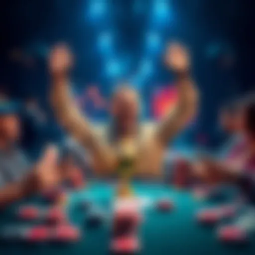 A poker player celebrating a big win at a table, surrounded by poker chips and cards, smiling and raising their hands in joy.