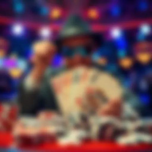 A poker player celebrating a win, showing a Straight Flush hand with cards fanned out