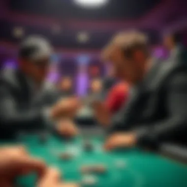 Two poker players studying their cards and the table during a game, with chips and cards in focus, emphasizing strategic discussion.
