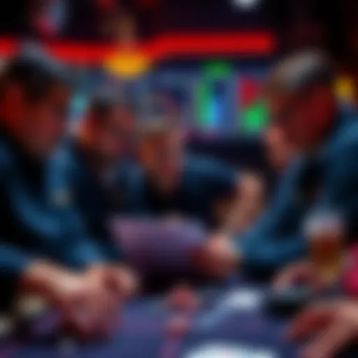 Group of poker players reviewing statistics and strategies related to GG Poker's algorithm and bankroll management