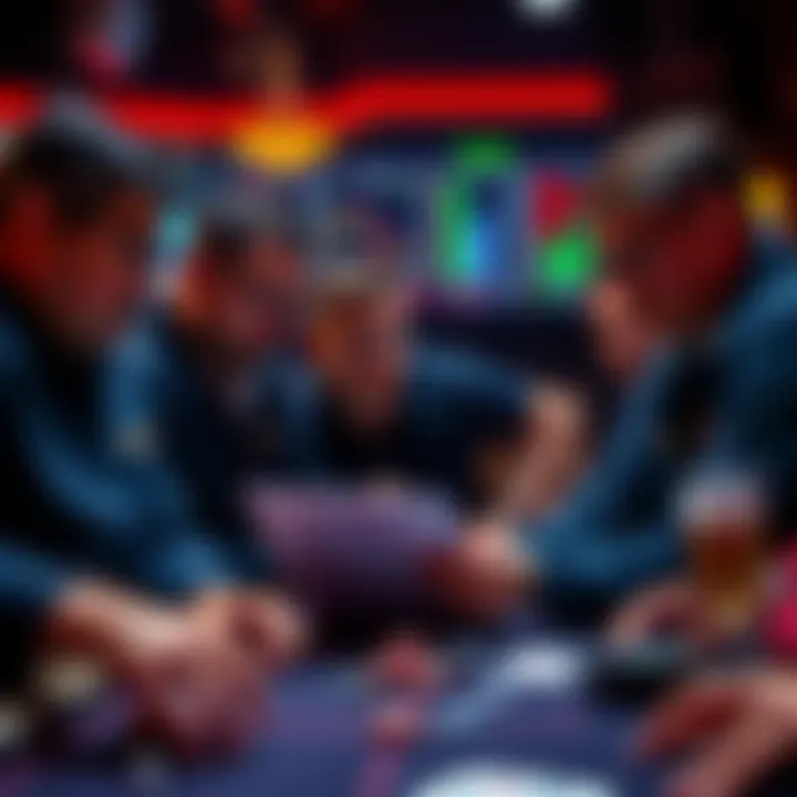Poker Players Analyzing Game Statistics Group of poker players reviewing statistics and strategies related to GG Poker's algorithm and bankroll management