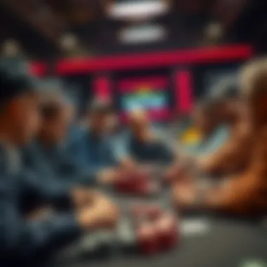 A group of poker players engaged in a cash game, focused on their cards and chips, with a variety of expressions showing concentration and strategy.