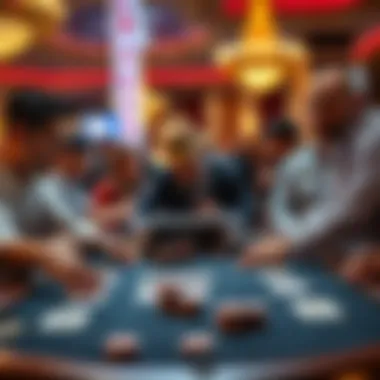 A tense poker game in Las Vegas with players reacting to a chop revelation, showcasing chips and cards on the table.