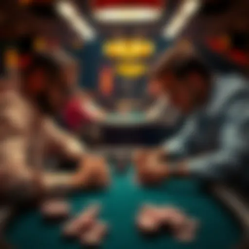 Two skilled poker players engaged in a serious game, focusing on their cards and chips, showcasing tension and strategy.