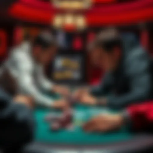 Two poker players intensely focused on a cash game, with chips and cards in play, analyzing their next moves.