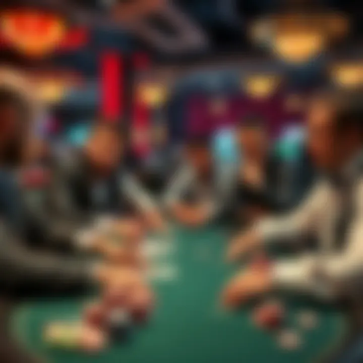 A group of poker players discussing promotions at a casino table with cards and chips