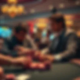 Two poker players at a table look tense as one player watches the clock while another is in deep thought over a side pot