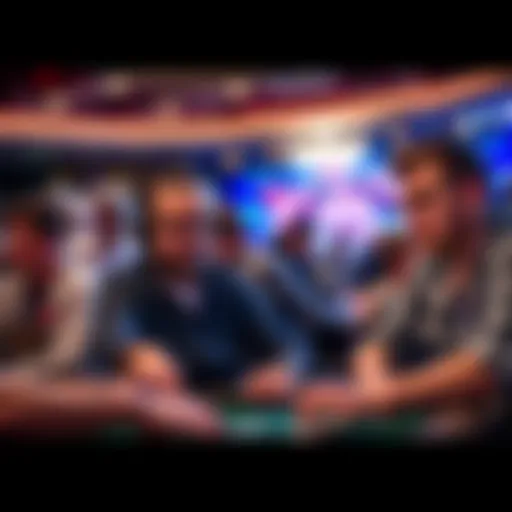 A group of focused poker players at the WSOP Main Event, including Alex Foxen and Viktor Blom, engaged in a high-stakes game.
