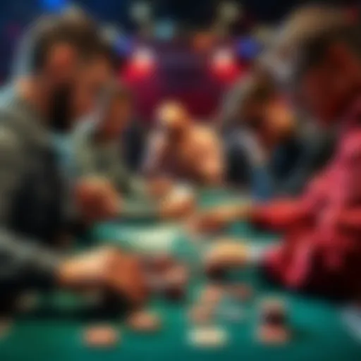 Poker players making a tough decision A close-up of poker players contemplating a call or fold, with cards and chips on the table