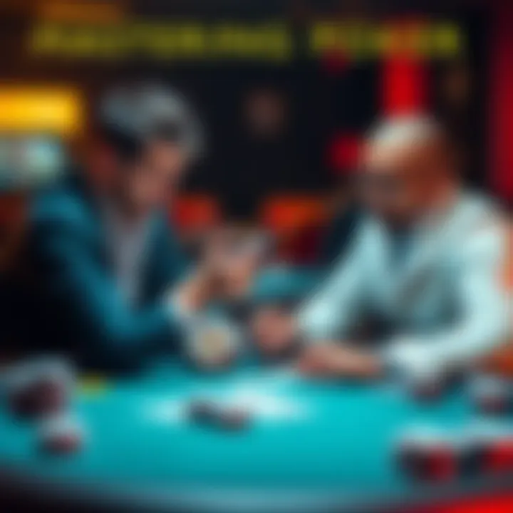 Two poker players studying their hands and discussing strategies at a table