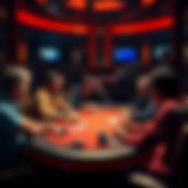 Poker players discussing new venues A group of poker players chatting around a table, debating where to play after The Lodge's closure.