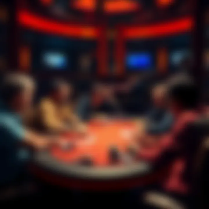 Poker players discussing new venues A group of poker players chatting around a table, debating where to play after The Lodge's closure.