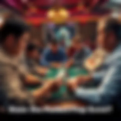 A group of poker players discussing strategies around a table with playing cards and chips