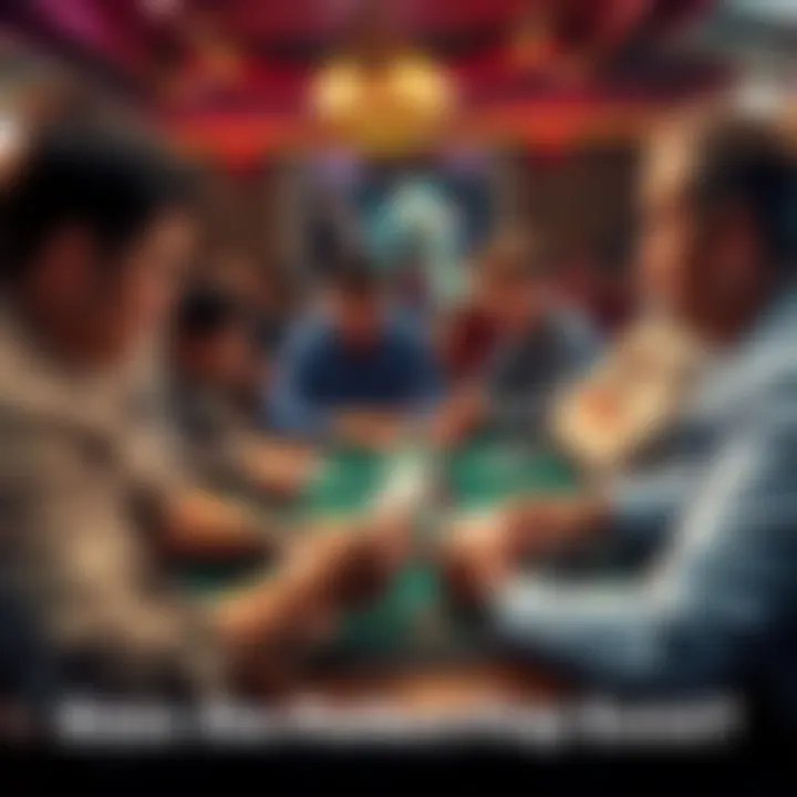 A group of poker players discussing strategies around a table with playing cards and chips