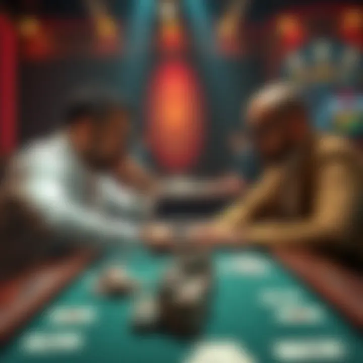 Two poker players at a table debating whether to run the hand twice or once, with chips and cards in front of them