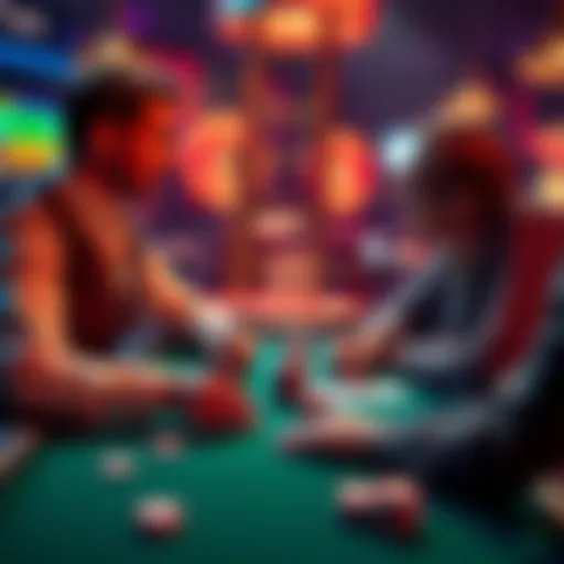 Two poker players engaged in conversation about their hands at a table with cards and chips