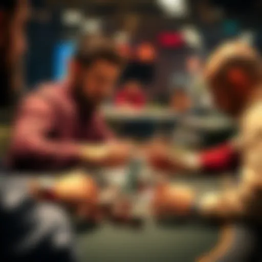 Two poker players analyzing a turn raise during a game, focusing on their cards and chip stacks