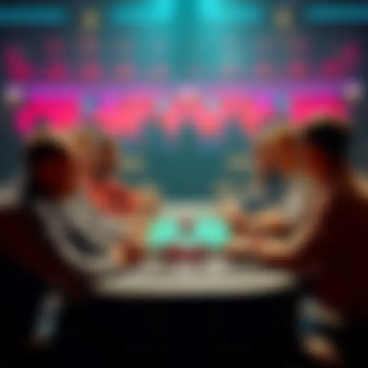 Poker players at a table discussing hands A group of poker players seated around a table, engaging in conversation about running hands twice, with chips and cards visible