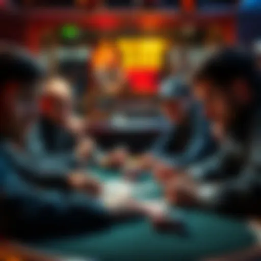 A group of poker players studying each other's facial expressions at a table