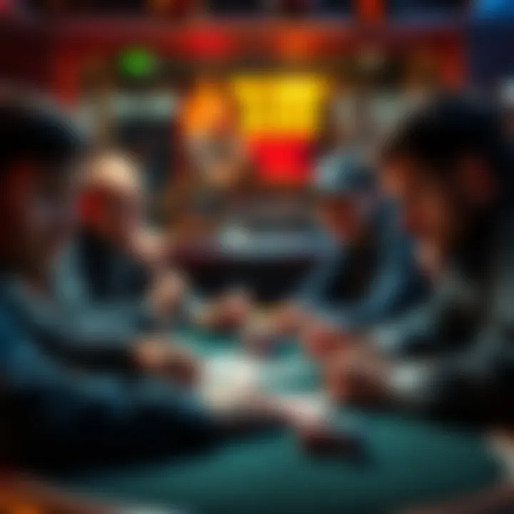 A group of poker players studying each other's facial expressions at a table