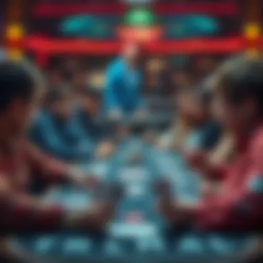 A group of poker players sitting at a table with their cards displayed face up, showing varied expressions as they strategize together.
