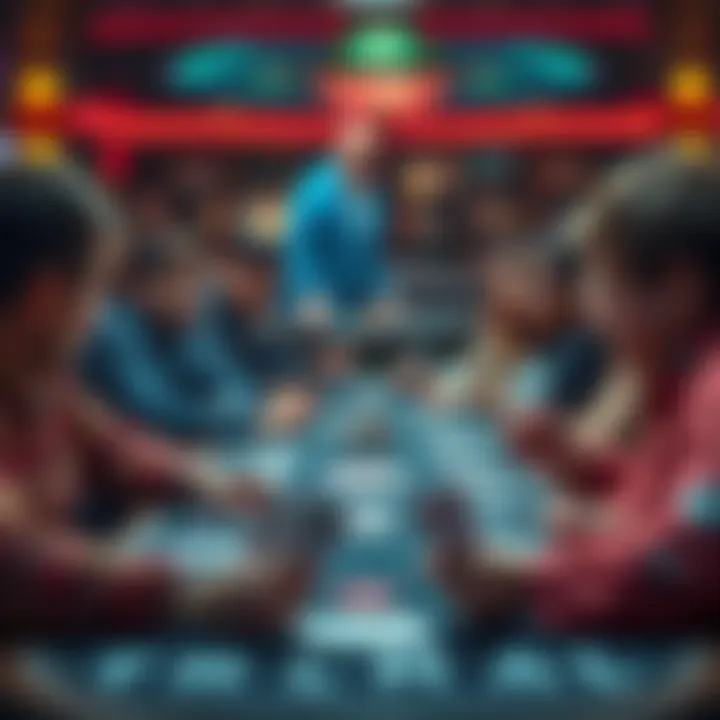 A group of poker players sitting at a table with their cards displayed face up, showing varied expressions as they strategize together.
