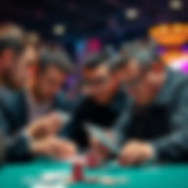 A group of poker players intently focused on their cards, strategizing their moves with concentration