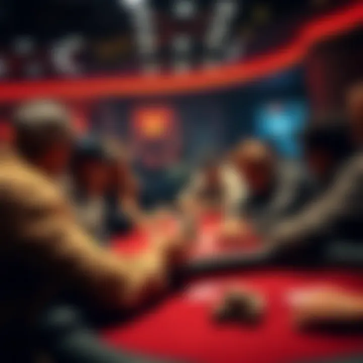 A group of focused poker players at a 100NL table, analyzing their cards and each other's moves in a tense game.