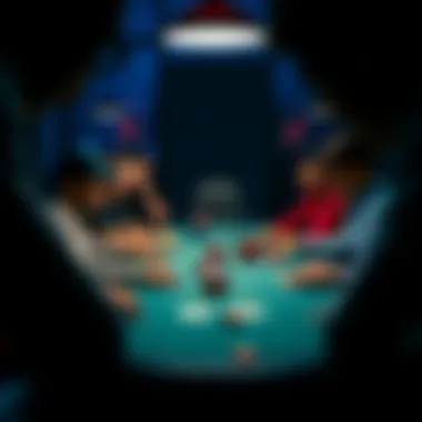 Poker players at a home game A group of players at a poker table with chips and cards, focusing on the game in a dimly lit room
