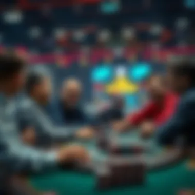Poker players laughing at a joke A group of poker players sitting around a table, laughing together after hearing a joke about poker