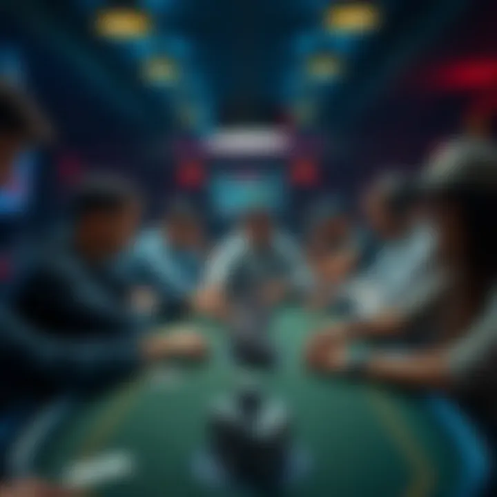 A group of players at a live poker table, focused on their cards and chips, contrasting with online poker setups.