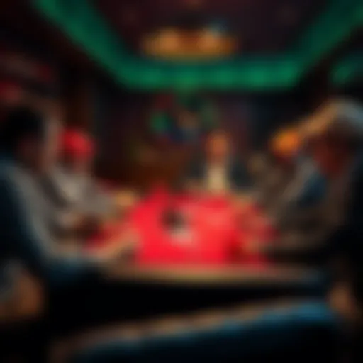 A group of poker players gathered around a table in a private room, playing cards and sharing drinks, with stacks of chips on the table.