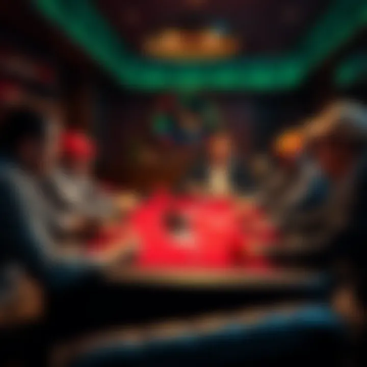 Poker players in a private game A group of poker players gathered around a table in a private room, playing cards and sharing drinks, with stacks of chips on the table.
