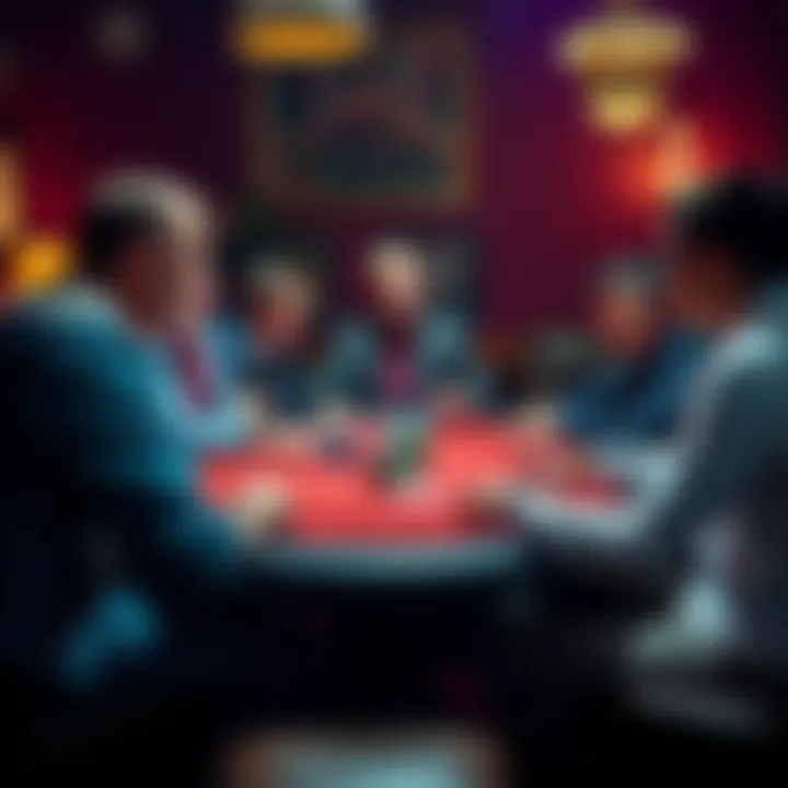 A group of poker players at a home game table discussing strategies while one player raises the bet preflop.